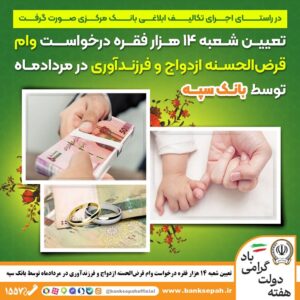 تعیین شعبه ۱۴ هزار فقره درخواست وام‌ قرض‌الحسنه ازدواج و فرزندآوری در مردادماه توسط بانک