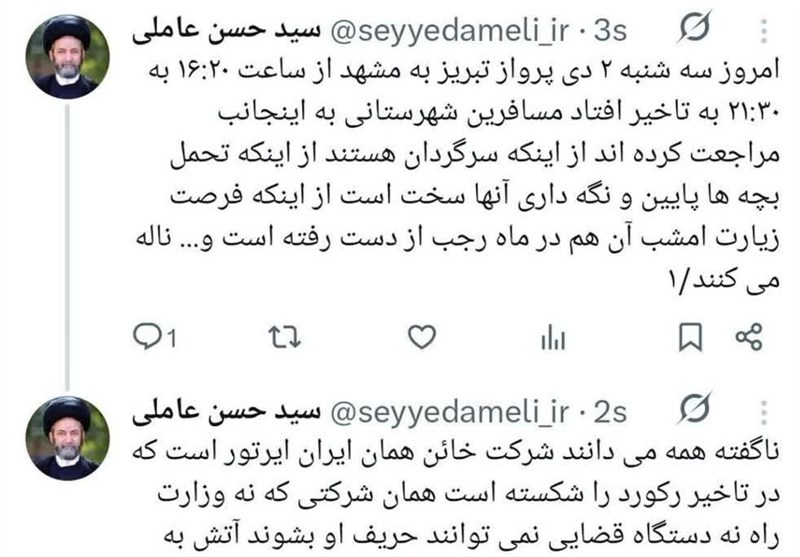 آیت الله عاملی: ایران ایرتور رکورد تاخیر پرواز را شکست