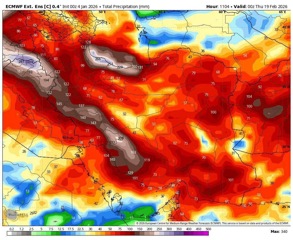 - مدل ۴۶ روزه اروپا خبر از بهمن ماه پر بارش می‌دهد