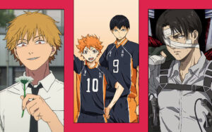 Three panel Collage of Anime Characters Left a Blond Boy in a White Shirt Offering a Flower Center Two Volleyball Players in Dark Uniforms numbers 10 and 9 Right a Bandaged Figure in a Harness and White Shirt
