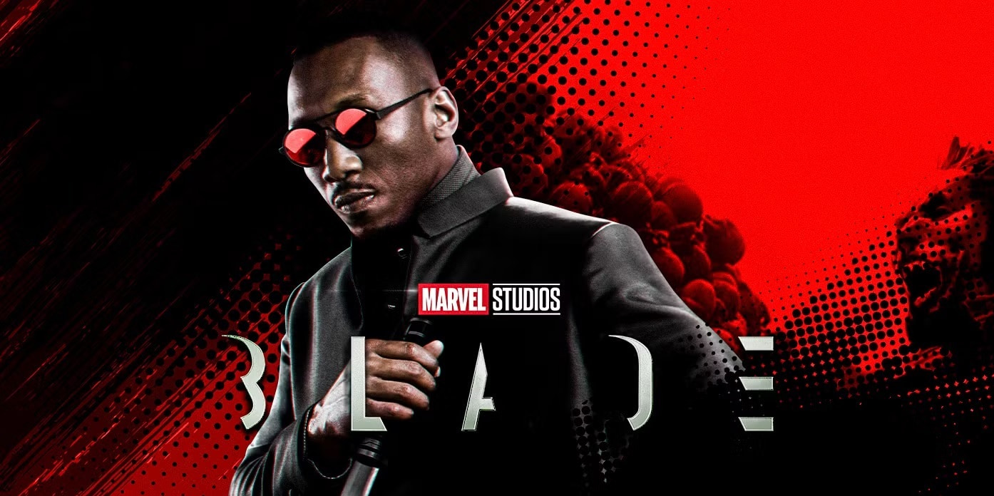 Promotional Marvel Studios Blade Poster Featuring a Man in a Black Suit with Red Sunglasses Holding a Microphone Against a Red black Halftone Background