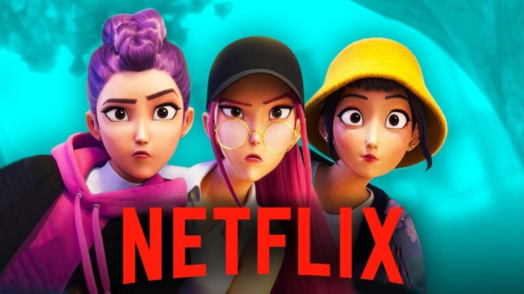 Three Animated Women with Surprised Expressions Stand Close Together Against a Teal Background with a Bold Red Netflix Logo Across the Bottom netflix Thumbnail