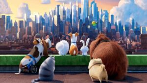 a Group of Pets Including Dogs and Small Mammals Sit on a Rooftop and Gaze at a Bright City Skyline at Sunset