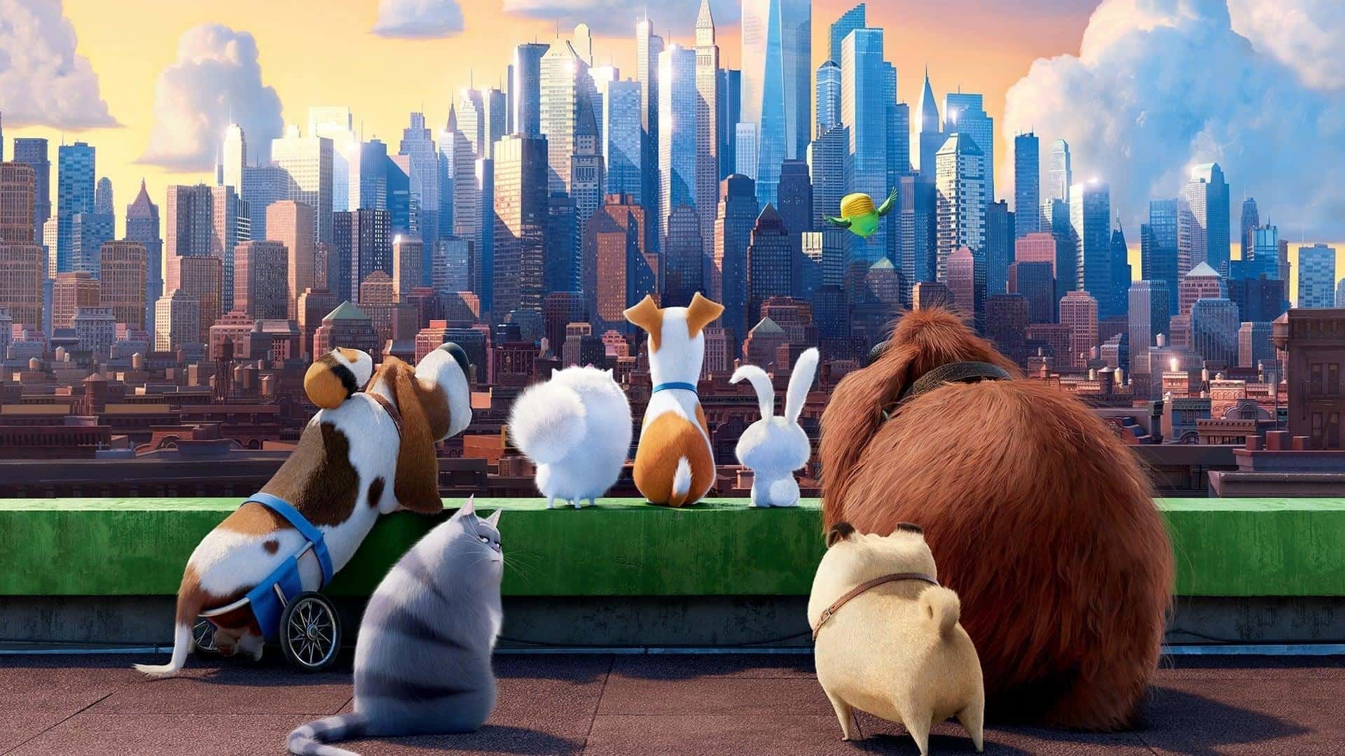 a Group of Pets Including Dogs and Small Mammals Sit on a Rooftop and Gaze at a Bright City Skyline at Sunset