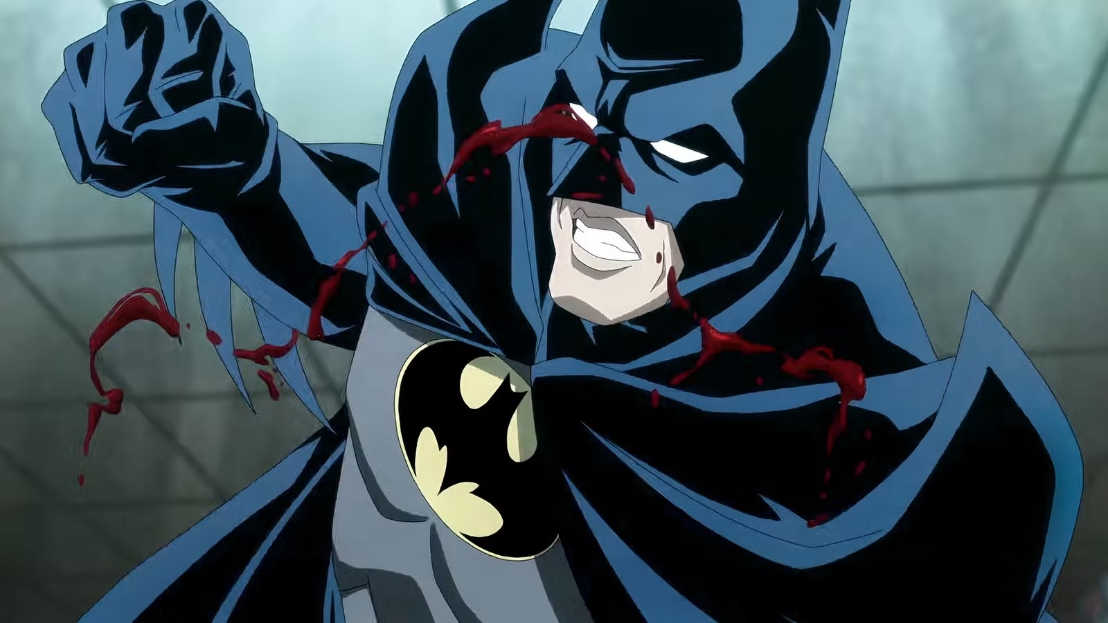 Batman in a Blue Suit Lunges Forward with His Cape Billowing Blood Splatters on His Face and Costume in an Intense Action Scene