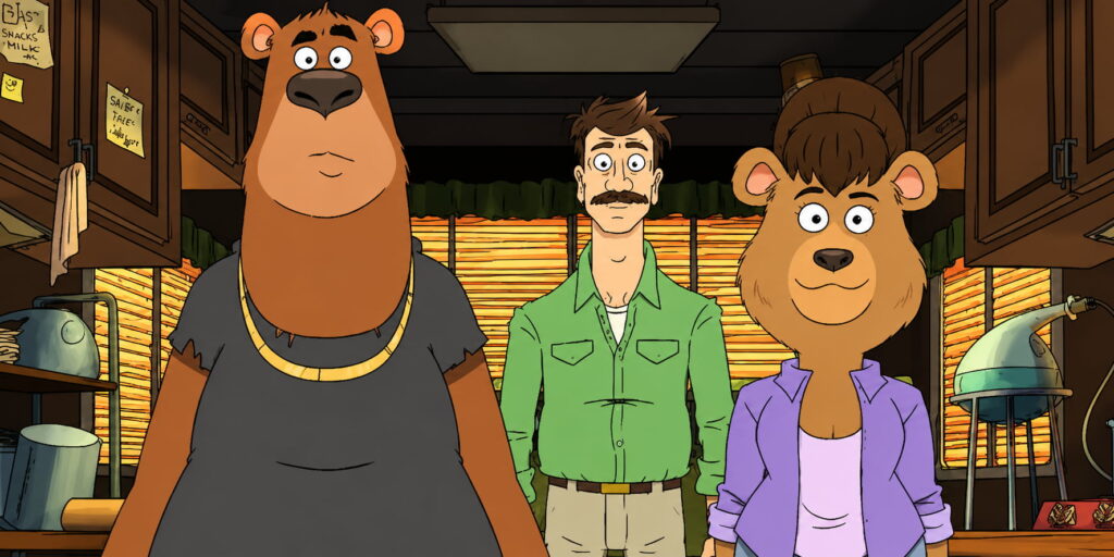 Three Animated Charactersa Tall Bear with a Gold Chain a Mustached Man and a Friendly Bear in a Purple Shirtstand in a Cluttered Kitchen Set