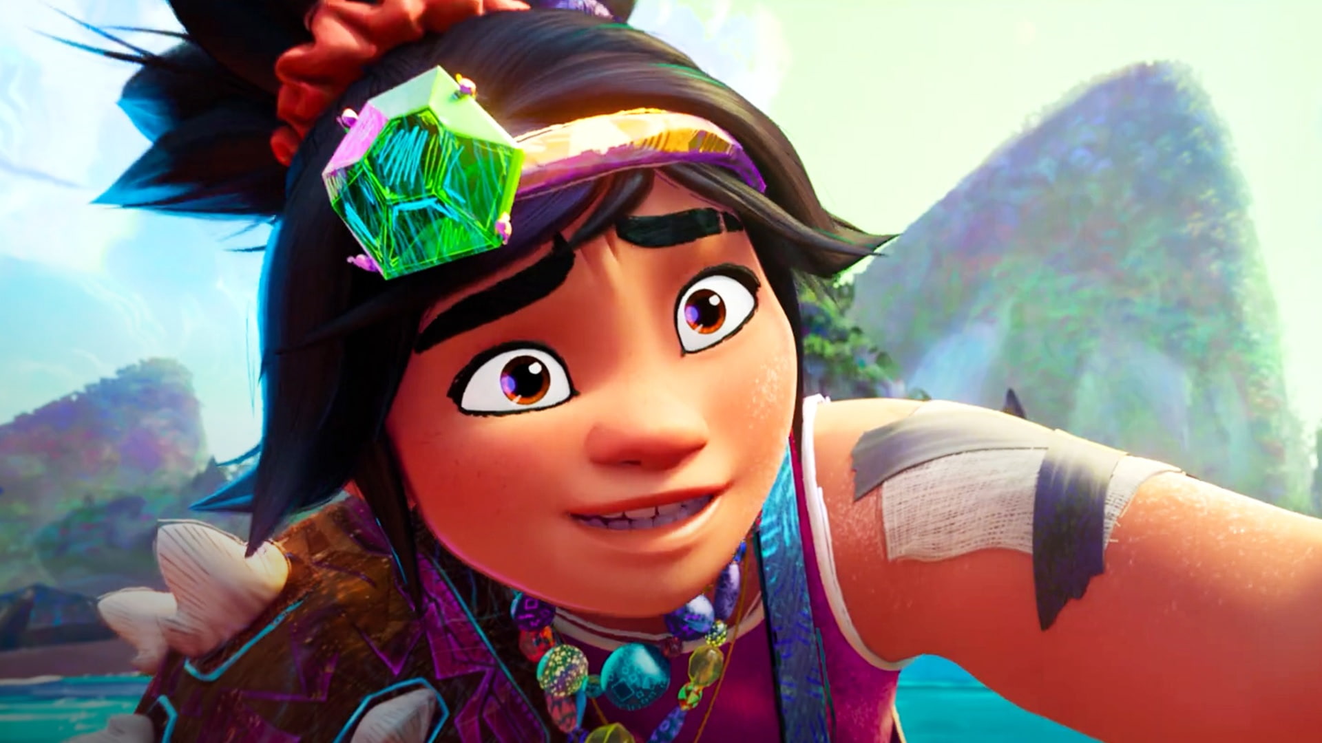Close up of a Cheerful Animated Girl in Colorful Gear Leaning Toward the Viewer with a Neon Accessory on Her Head