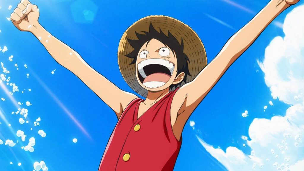 Anime Character Luffy from One Piece Cheers with Arms Raised Against a Bright Blue Sky Wearing a Red Vest and Straw Hat Angle Upshot