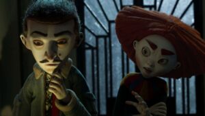 Two Ventriloquist style Puppets in a Dim Moody Scene a Man with a Painted Face and Mustache on the Left and a Red haired Puppet Girl on the Right Near Dark Bars in the Background