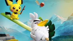 Yellow Cartoon Rabbit on a Green Surfboard with a White Bird Nearby Against a Blue Mountain Landscape