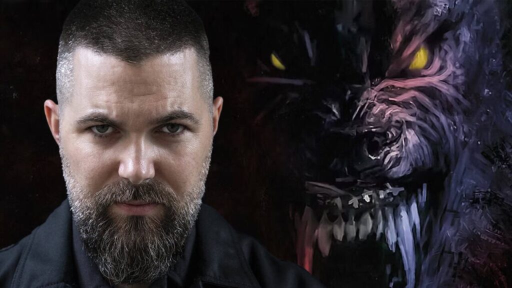 Close up Portrait of a Bearded Man on the Left with a Dark Snarling Purple Monster Emerging from the Right Side Behind Him