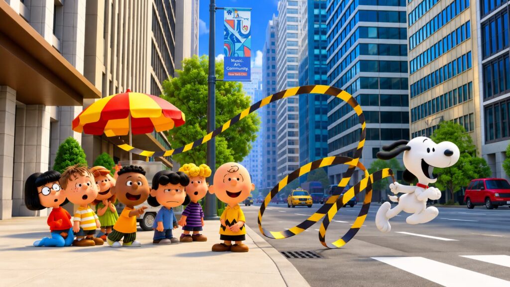 Group of Peanuts Characters Watch Snoopy Perform a Looping Obstacle on a Sunny City Street with Tall Buildings in the Background