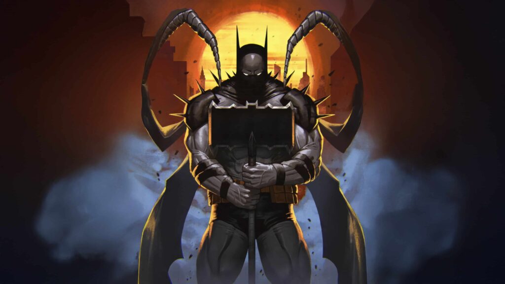 Silhouetted Batman like Armored Warrior Stands Before a Fiery Orange Sunset Wielding a Sword and Surrounded by Jagged Armor Spikes and Dark Cape