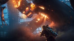 a Fiery Armored Monster Lunges Toward a Hero with a Jetpack in a Smoky Ruined Cityscape