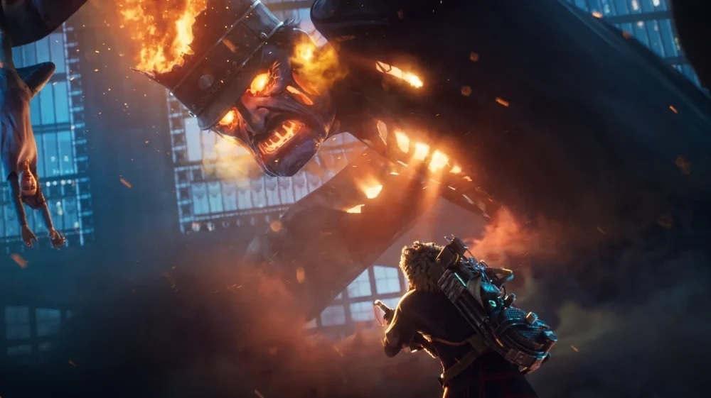 a Fiery Armored Monster Lunges Toward a Hero with a Jetpack in a Smoky Ruined Cityscape