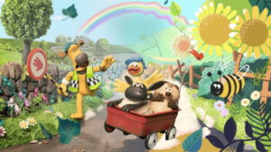 Cartoon Farm Scene with a Yellow Dog Signaling with a Stop Sign As Two Animals Ride in a Red Wagon a Bee and Bright Sunflowers Nearby
