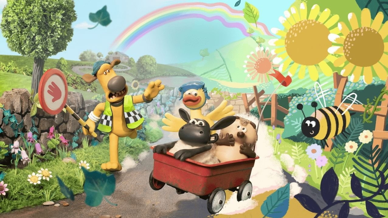 Cartoon Farm Scene with a Yellow Dog Signaling with a Stop Sign As Two Animals Ride in a Red Wagon a Bee and Bright Sunflowers Nearby