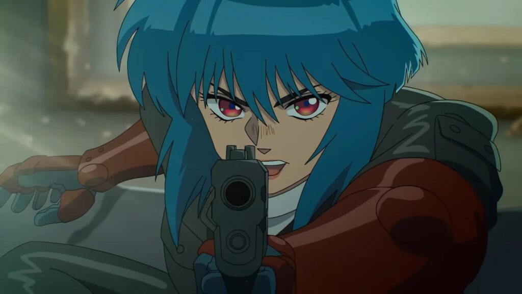 Anime Character with Blue Hair Aims a Handgun Directly at the Viewer with a Determined Expression
