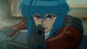 Anime Character with Blue Hair Aims a Handgun Directly at the Viewer with a Determined Expression