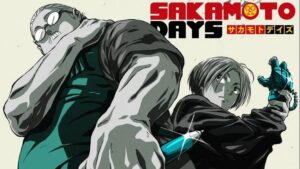 Two Manga style Characters Stand Back to back a Large Masked Muscular Man on the Left and a Younger Pale haired Person with a Glowing Blue Blade on the Right with the