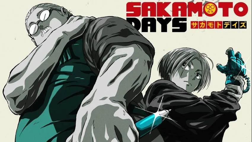 Two Manga style Characters Stand Back to back a Large Masked Muscular Man on the Left and a Younger Pale haired Person with a Glowing Blue Blade on the Right with the