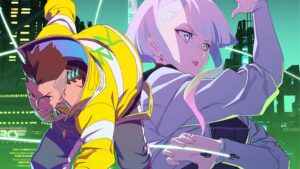 Two Stylized Fighters Strike Back to back in a Neon Futuristic City a Yellow jacketed Mohawk on the Left and a Pale haired Person in a Lavender Hoodie on the Right