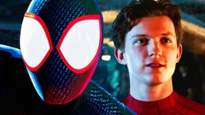 a Young Man in a Red Spider man Suit Stands Beside a Blue and red Masked Costumed Character Under Neon Lighting