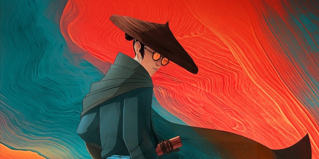Stylized Figure in Teal Cloak and Wide brim Hat with Orange Sunglasses Set Against Red and Blue Swirls