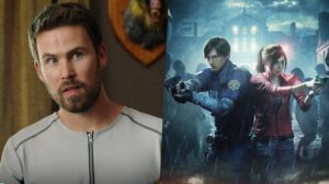 Split Image Left a Man with Short Dark Hair and Stubble Right a Blue tinted Poster of Two Cops Aiming Guns in a Rain soaked City