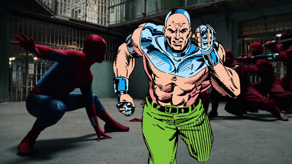 a Spider man Silhouette Fights a Large Comic book Style Muscular Hero in a Blue and Green Outfit in a Dim Warehouse