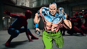 a Spider man Silhouette Fights a Large Comic book Style Muscular Hero in a Blue and Green Outfit in a Dim Warehouse