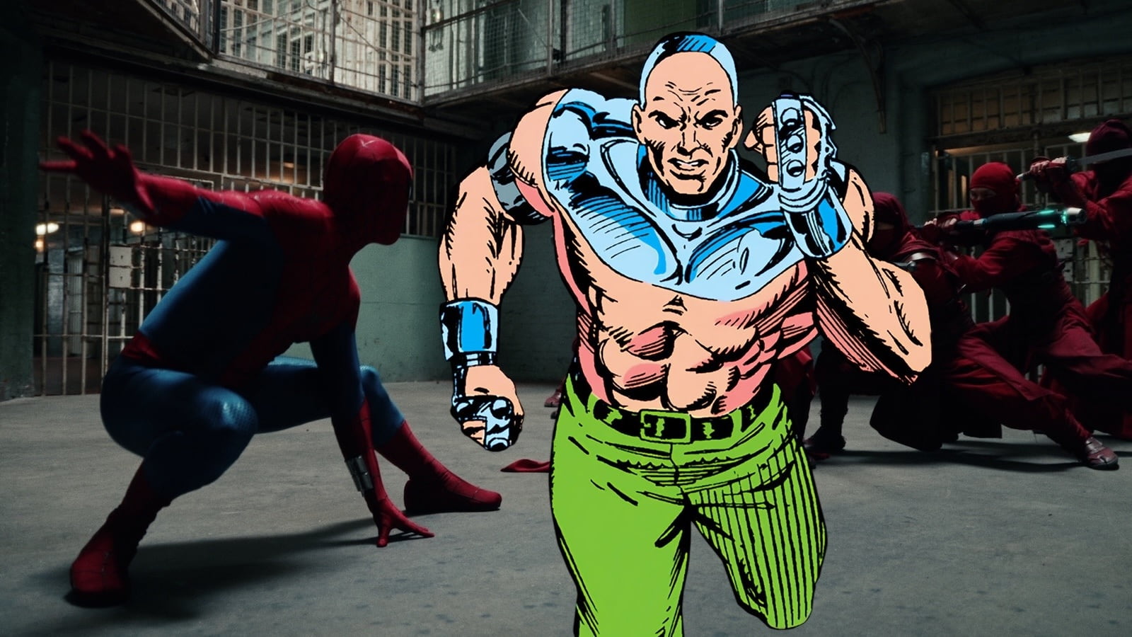 a Spider man Silhouette Fights a Large Comic book Style Muscular Hero in a Blue and Green Outfit in a Dim Warehouse