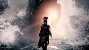 Ancient Warrior in Dark Armor with a Red Crest Stands in Rough Ocean Waves As a Bright Light Shines from Behind Him Creating a Dramatic Scene
