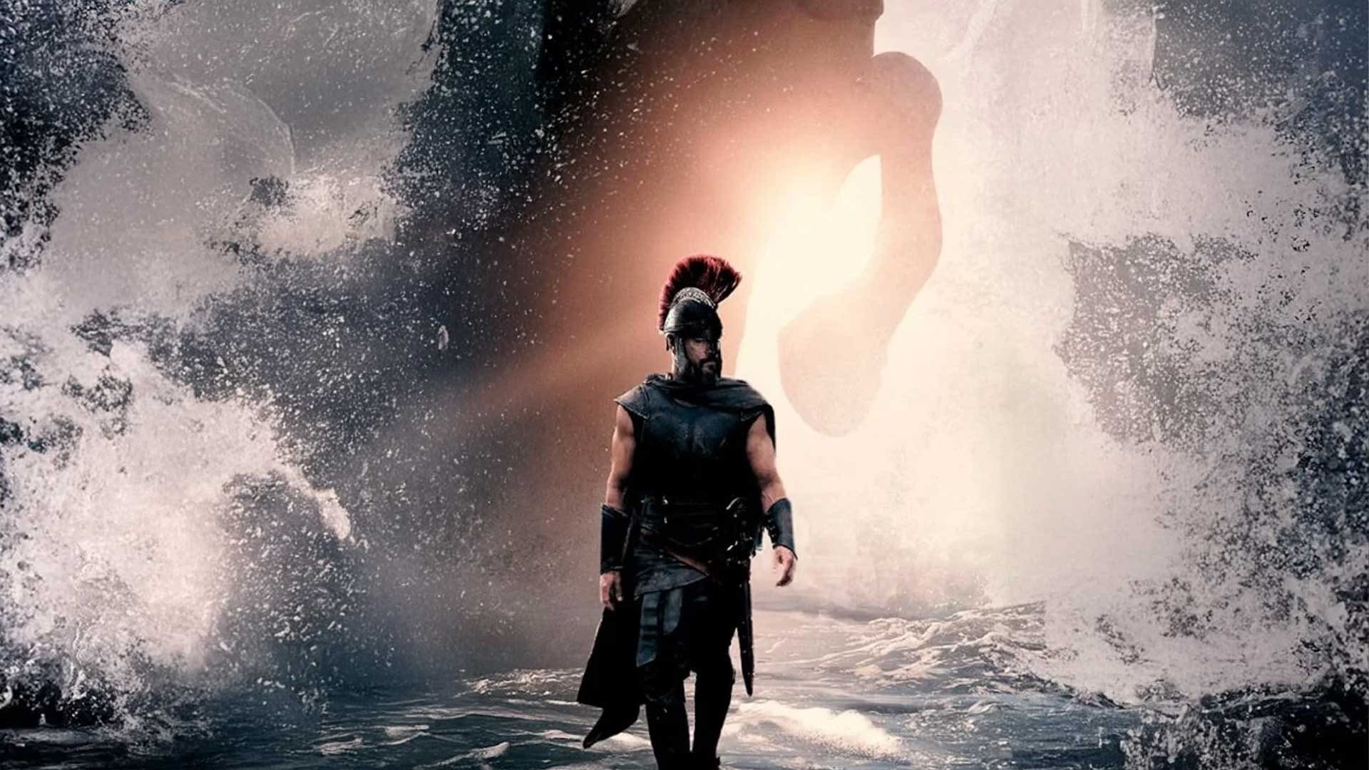 Ancient Warrior in Dark Armor with a Red Crest Stands in Rough Ocean Waves As a Bright Light Shines from Behind Him Creating a Dramatic Scene