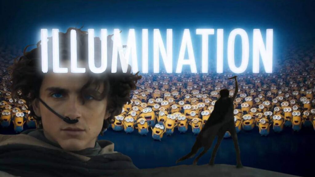 Hero in a Headset Faces a Crowd of Minions with the Glowing Illumination Title Above Them