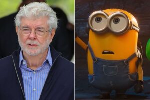 Split Image Left Side Shows Actor Robert De Niro Wearing Glasses and a Blue Striped Shirt Right Side Shows a Yellow Minion Wearing Blue Overalls and Goggles