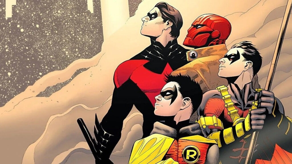 Group of Four Teenage Superheroes Posing Heroically As They Gaze Upward Ready for Action in a Snowy Wind swept Landscape