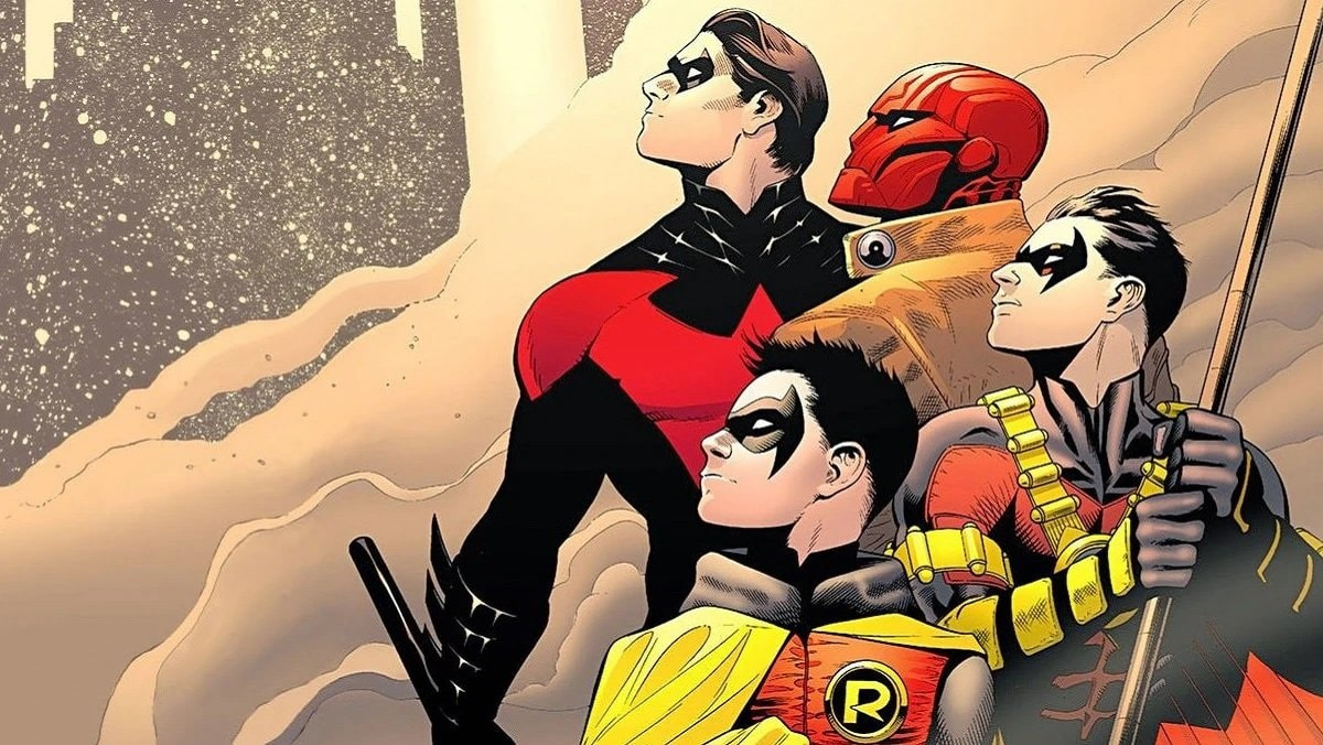 Group of Four Teenage Superheroes Posing Heroically As They Gaze Upward Ready for Action in a Snowy Wind swept Landscape