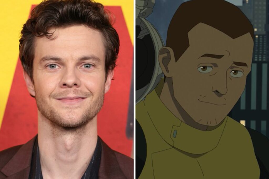 Smiling Man with Brown Hair Against a Yellowred Backdrop red Carpet Portrait on the Left on the Right a Cartoon Man in a Yellow Spacesuit with a Headset City Skyline in the Background