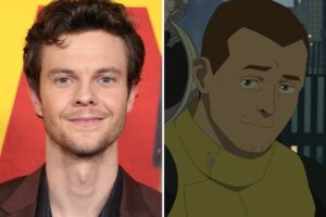 Smiling Man with Brown Hair Against a Yellowred Backdrop red Carpet Portrait on the Left on the Right a Cartoon Man in a Yellow Spacesuit with a Headset City Skyline in the Background