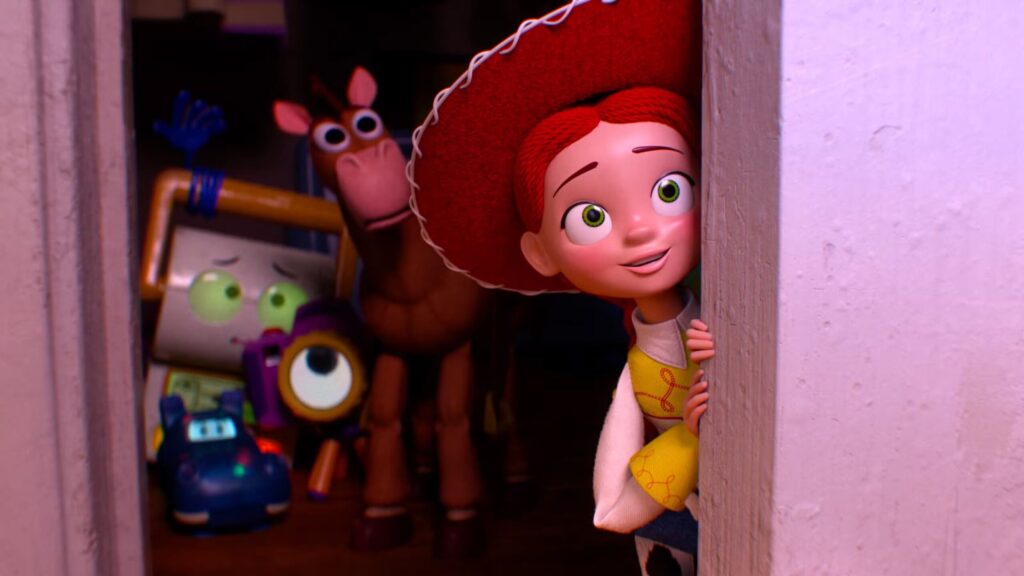 Bo Peep Peeking from a Doorway at a Cluttered Toy Closet Surprised Expression Among Other Toys in Dim Light