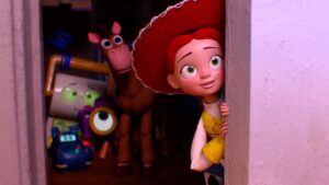 Bo Peep Peeking from a Doorway at a Cluttered Toy Closet Surprised Expression Among Other Toys in Dim Light