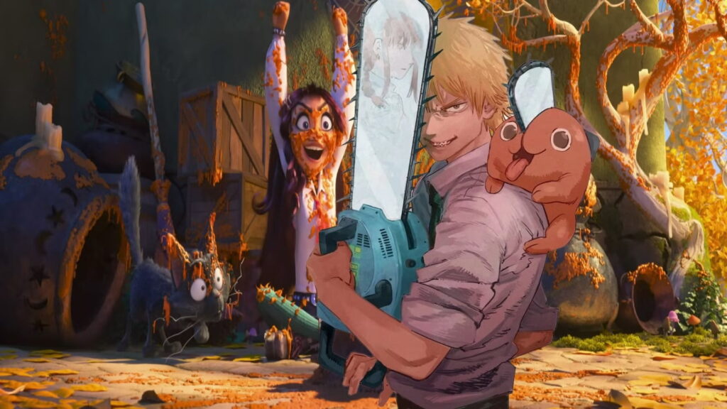 Cartoon Man in a Light Shirt Grips a Teal Chainsaw a Small Pink Creature Sits on His Shoulder in a Autumnal Spooky Yard with Orange Leaves and Eerie Background Figures Behind Him