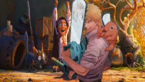 Cartoon Man in a Light Shirt Grips a Teal Chainsaw a Small Pink Creature Sits on His Shoulder in a Autumnal Spooky Yard with Orange Leaves and Eerie Background Figures Behind Him