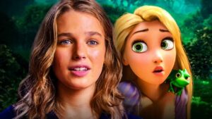 a Young Woman Beside Rapunzel from Tangled Both Looking Surprised with a Small Green Frog on Rapunzel