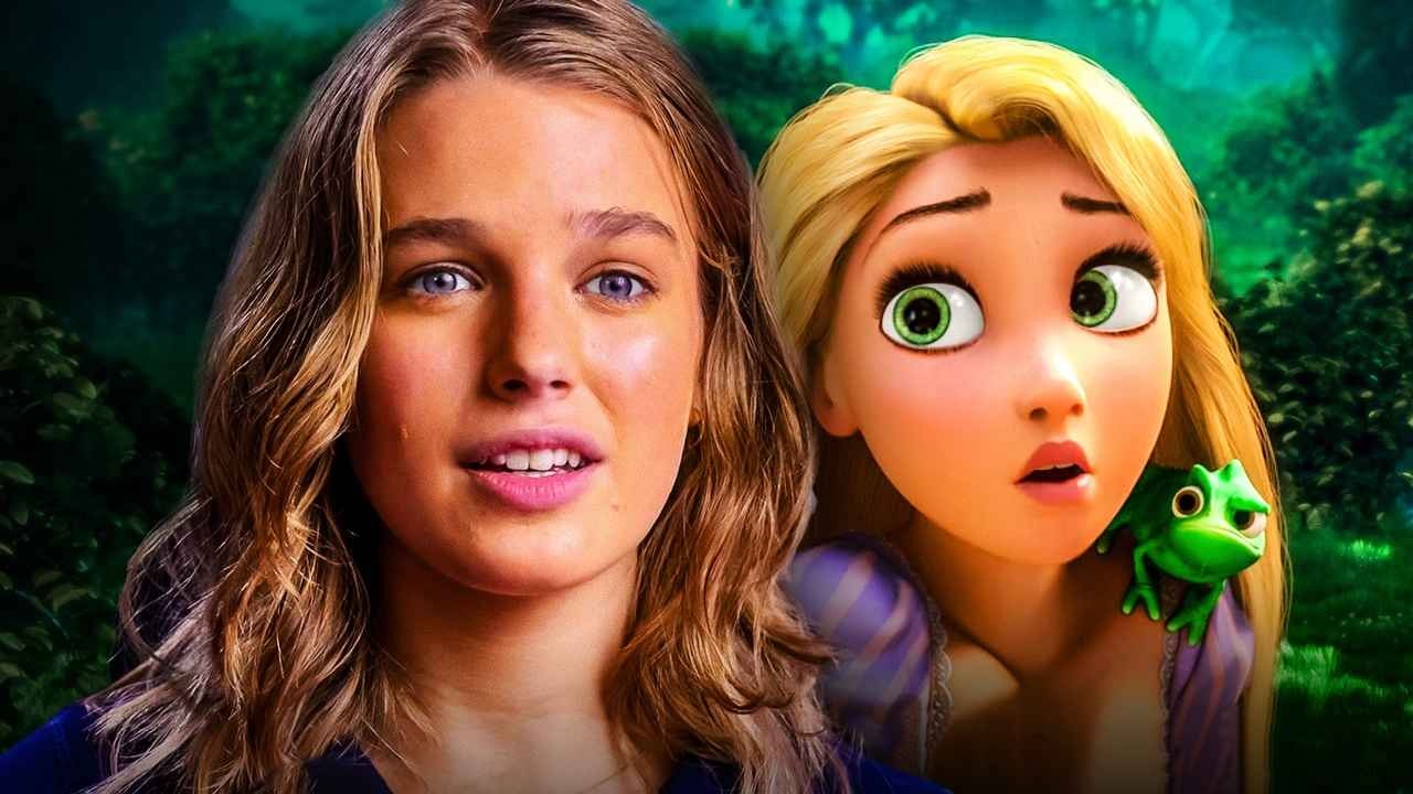 a Young Woman Beside Rapunzel from Tangled Both Looking Surprised with a Small Green Frog on Rapunzel