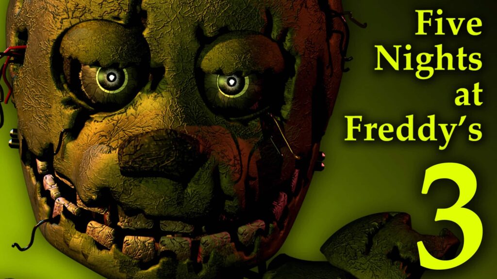 Close up of a Cracked Animatronic Face with Glowing Eyes Against a Green Background with the Yellow Title