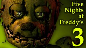 Close up of a Cracked Animatronic Face with Glowing Eyes Against a Green Background with the Yellow Title