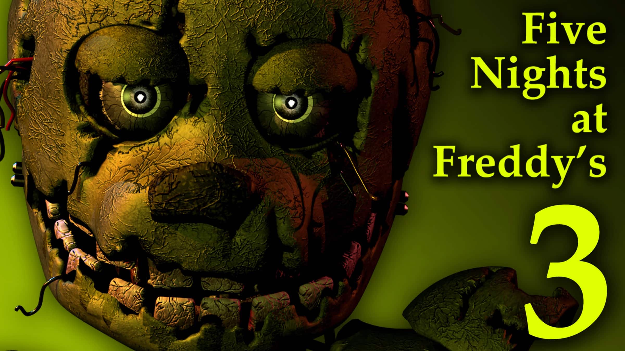 Close up of a Cracked Animatronic Face with Glowing Eyes Against a Green Background with the Yellow Title