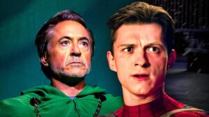 Two Costumed Men Stand Close Together One in a Green Cape the Other in a Red Spider man Suit Looking off to the Side in a Dramatic Scene
